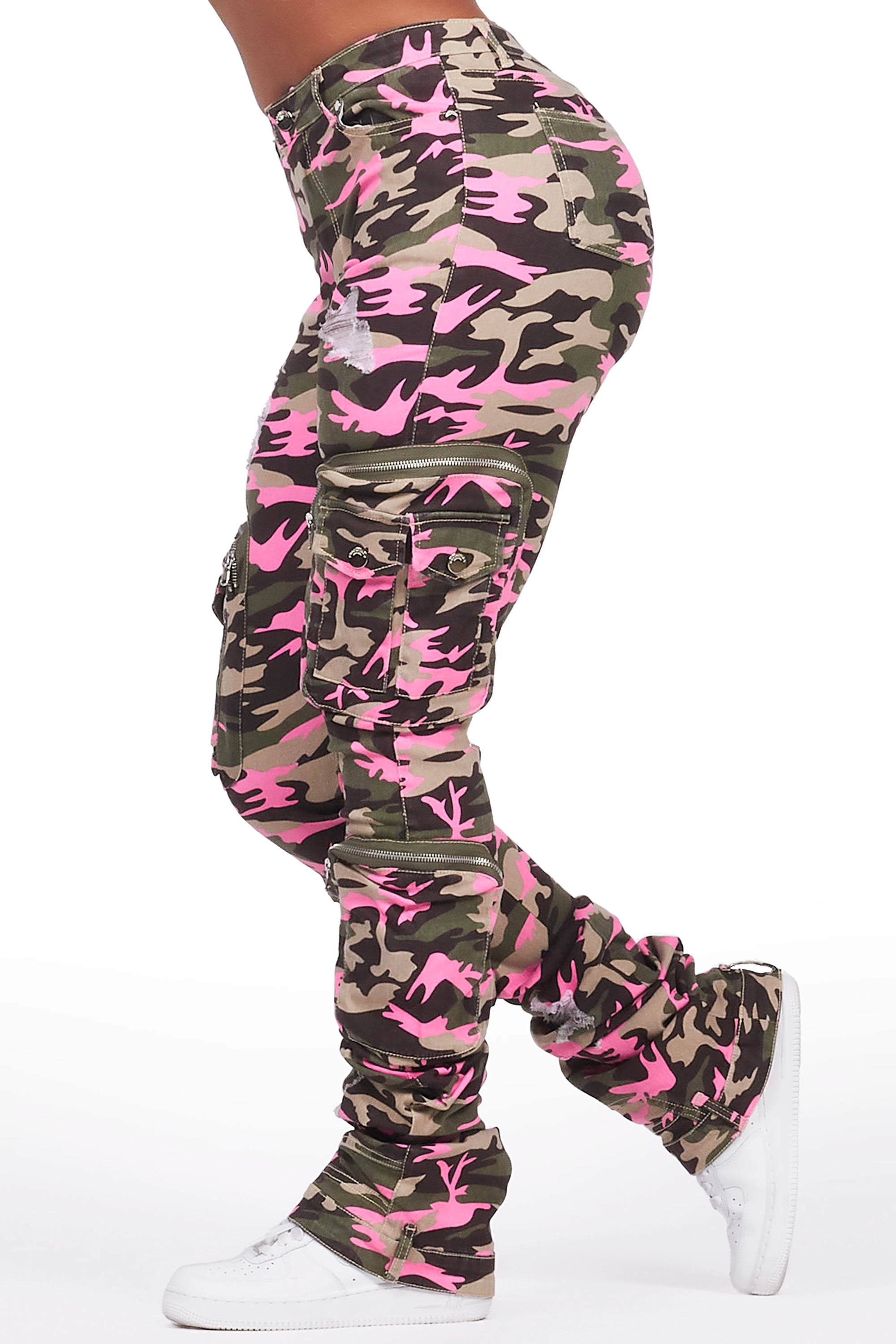 ROCKSTAR ORIGINAL Pantalon cargo camouflage vert/rose Alisson avec coupe ultra volumineuse