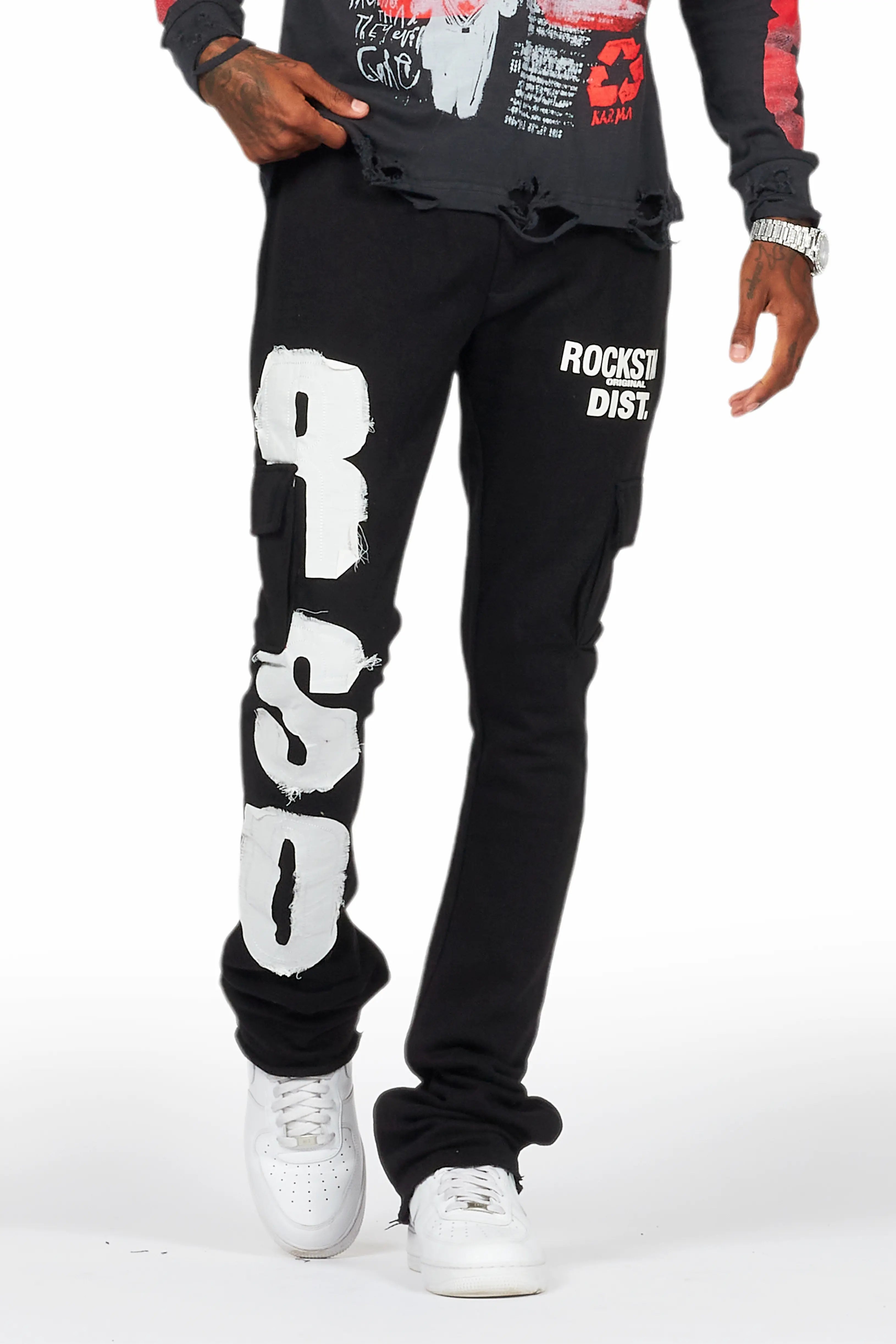 ROCKSTAR ORIGINAL Pantalon Évasé Admir Black à Superpositions Déstructurées