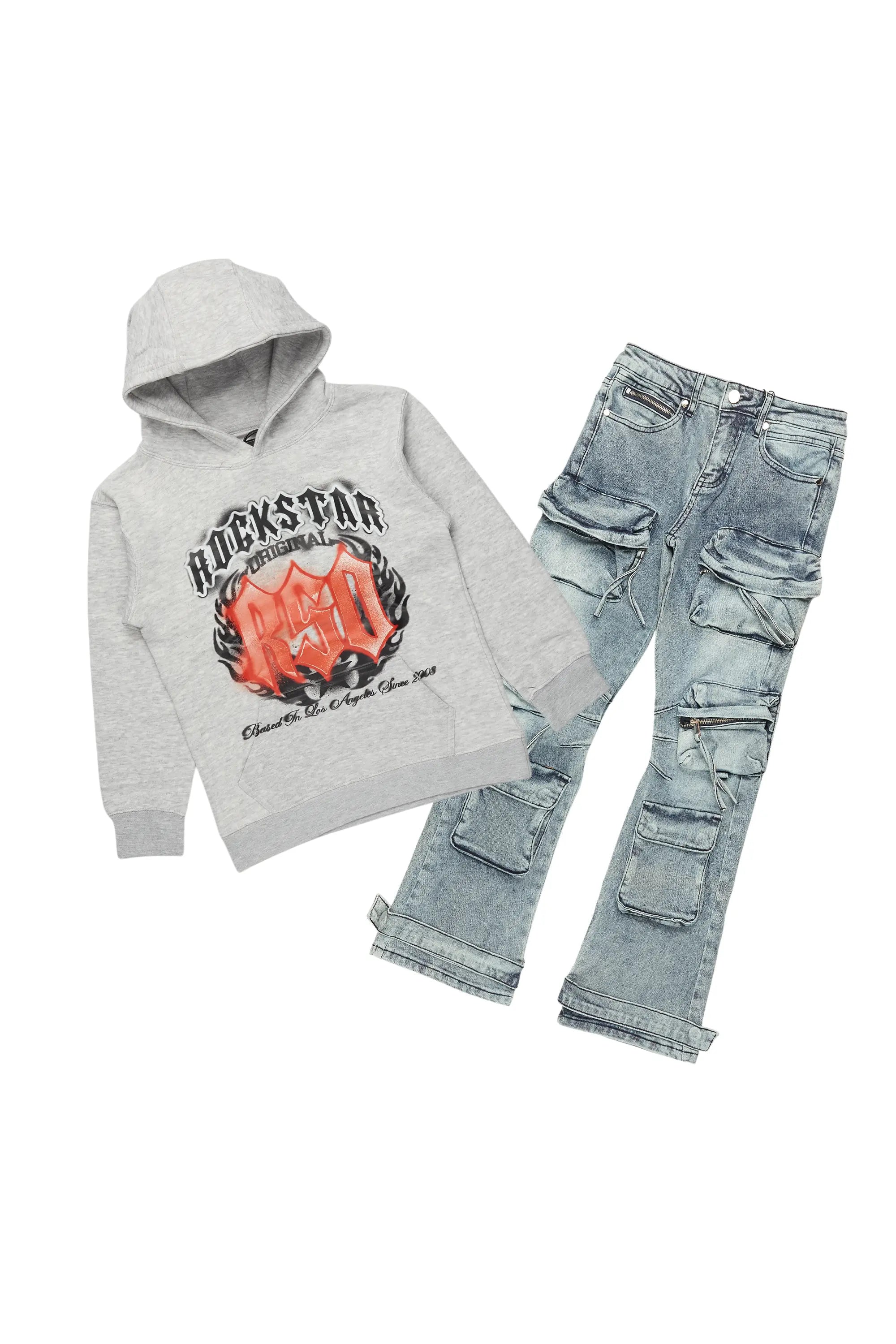 ROCKSTAR ORIGINAL Sweat à capuche gris chiné Boaz et jean flare superposé pour garçon
