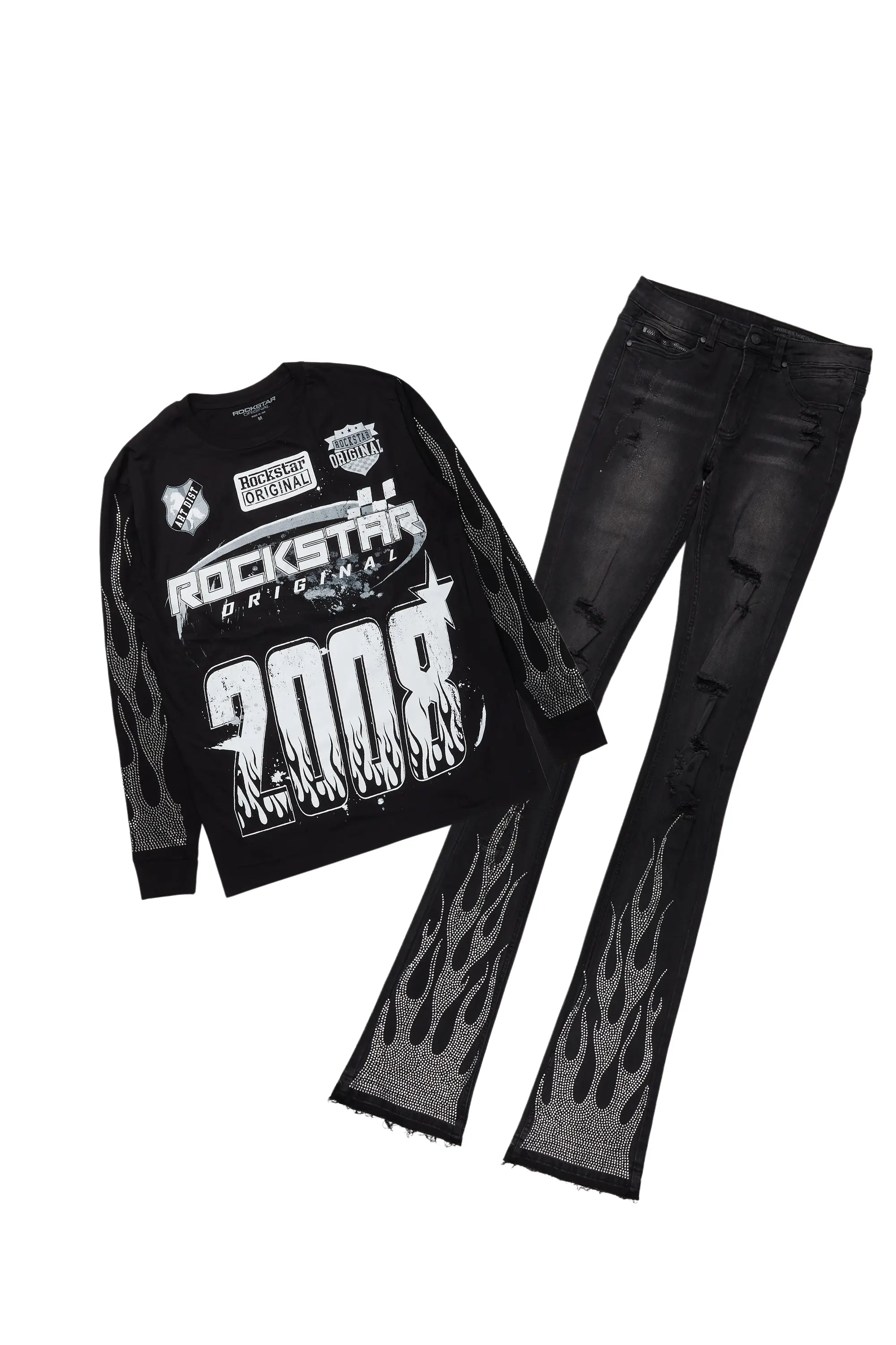 ROCKSTAR ORIGINAL T-shirt Amos manches longues à paillettes noir/Ensemble jean flare super évasé