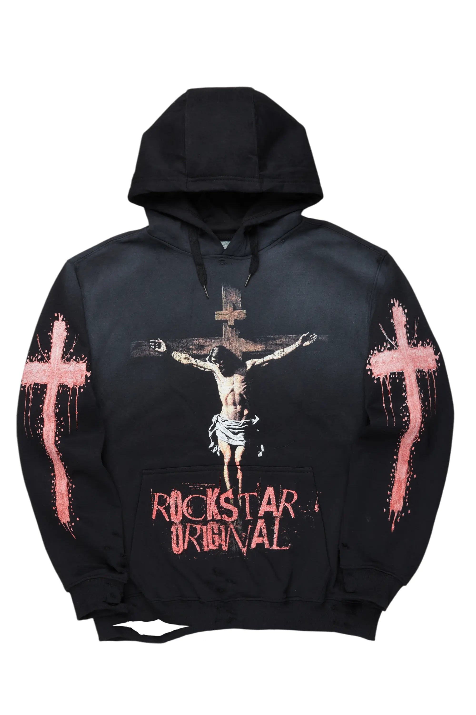 ROCKSTAR ORIGINAL Sweat à capuche Barke noir délavé avec motifs graphiques déstructurés
