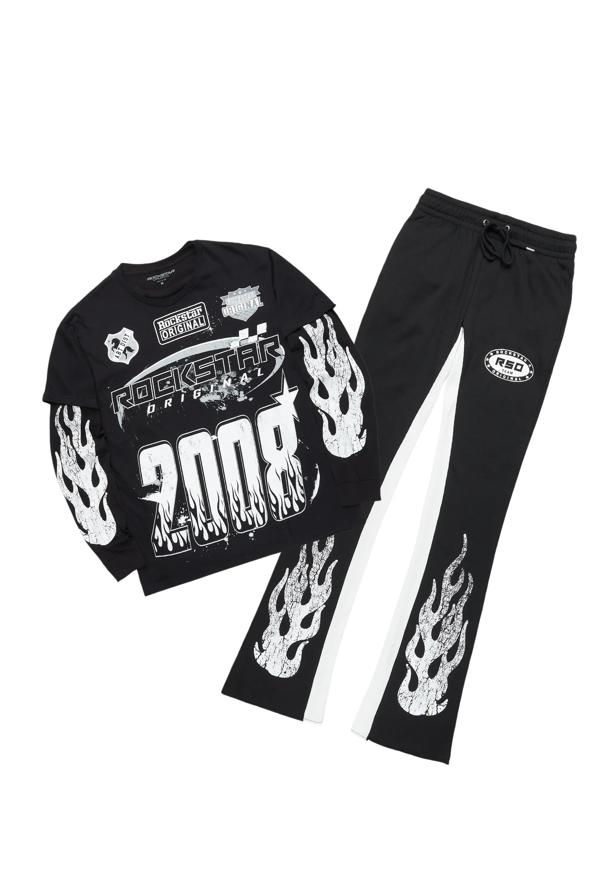 ROCKSTAR ORIGINAL Ensemble Décontracté Amos Black : T-Shirt Double Épaisseur & Pantalon Large à Superposition