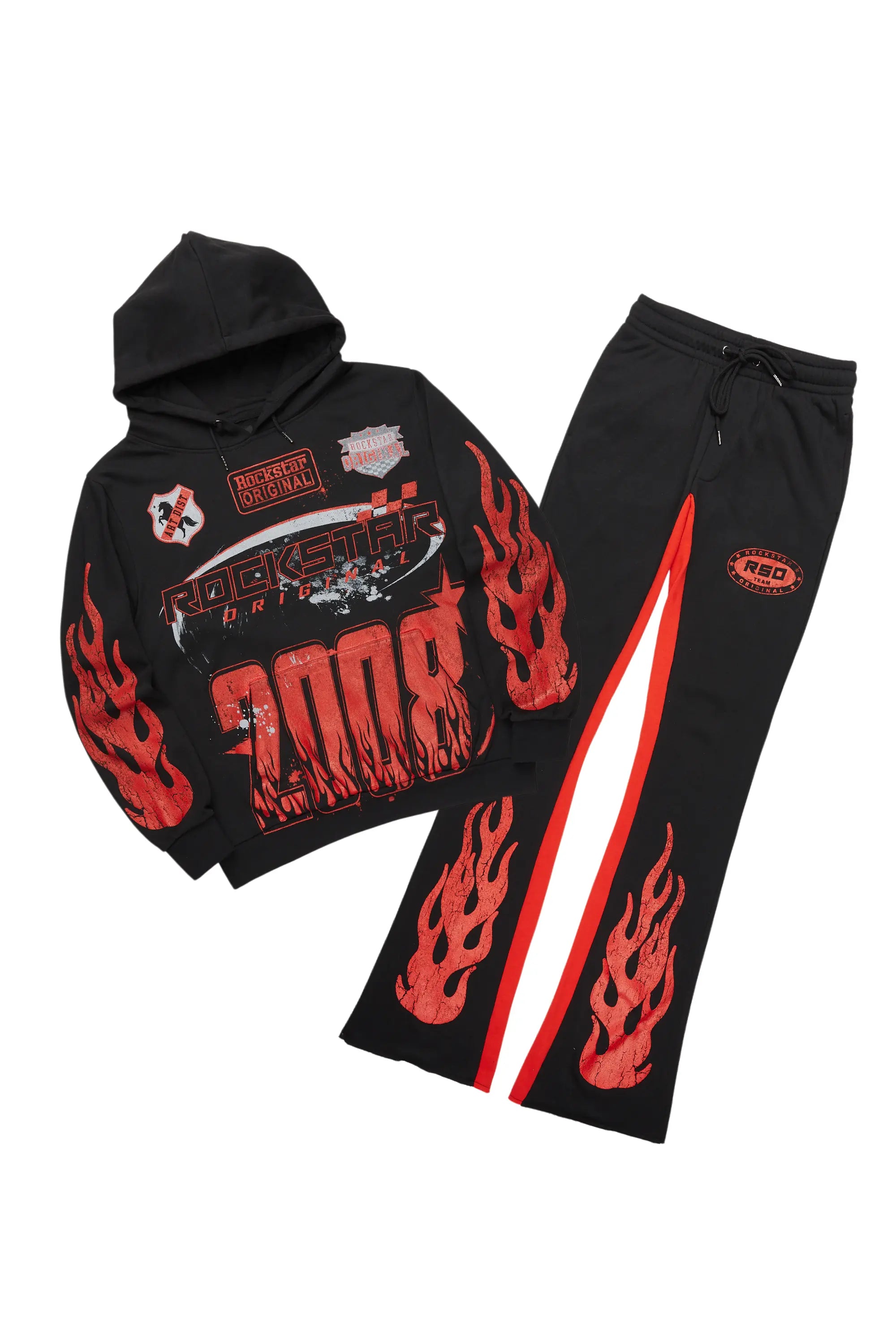 ROCKSTAR ORIGINAL Ensemble décontracté sweat à capuche Noir/Rouge et pantalon de jogging oversize confortable