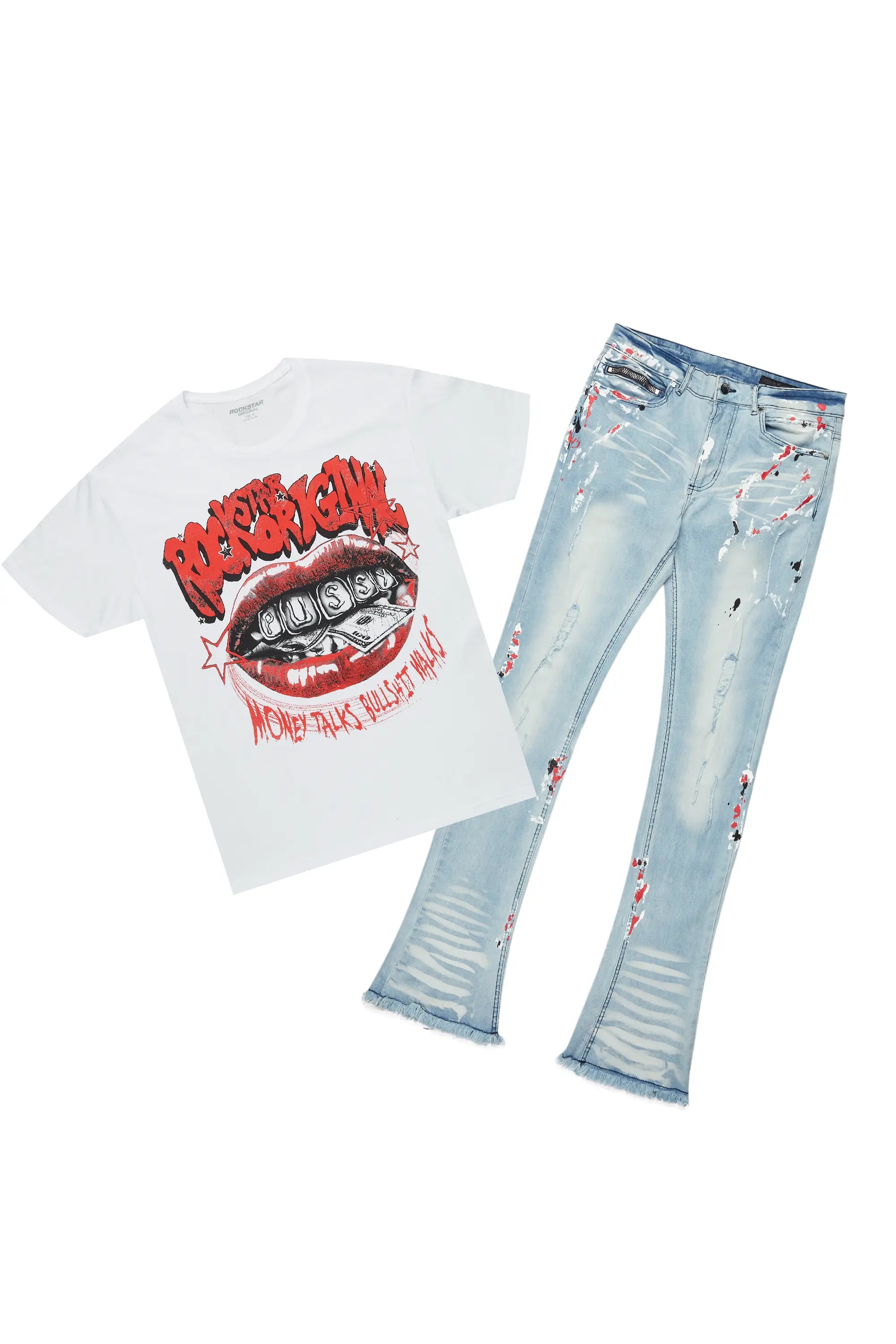 ROCKSTAR ORIGINAL Ensemble décontracté T-shirt Blanc/Bleu et Jeans Flared Superposés