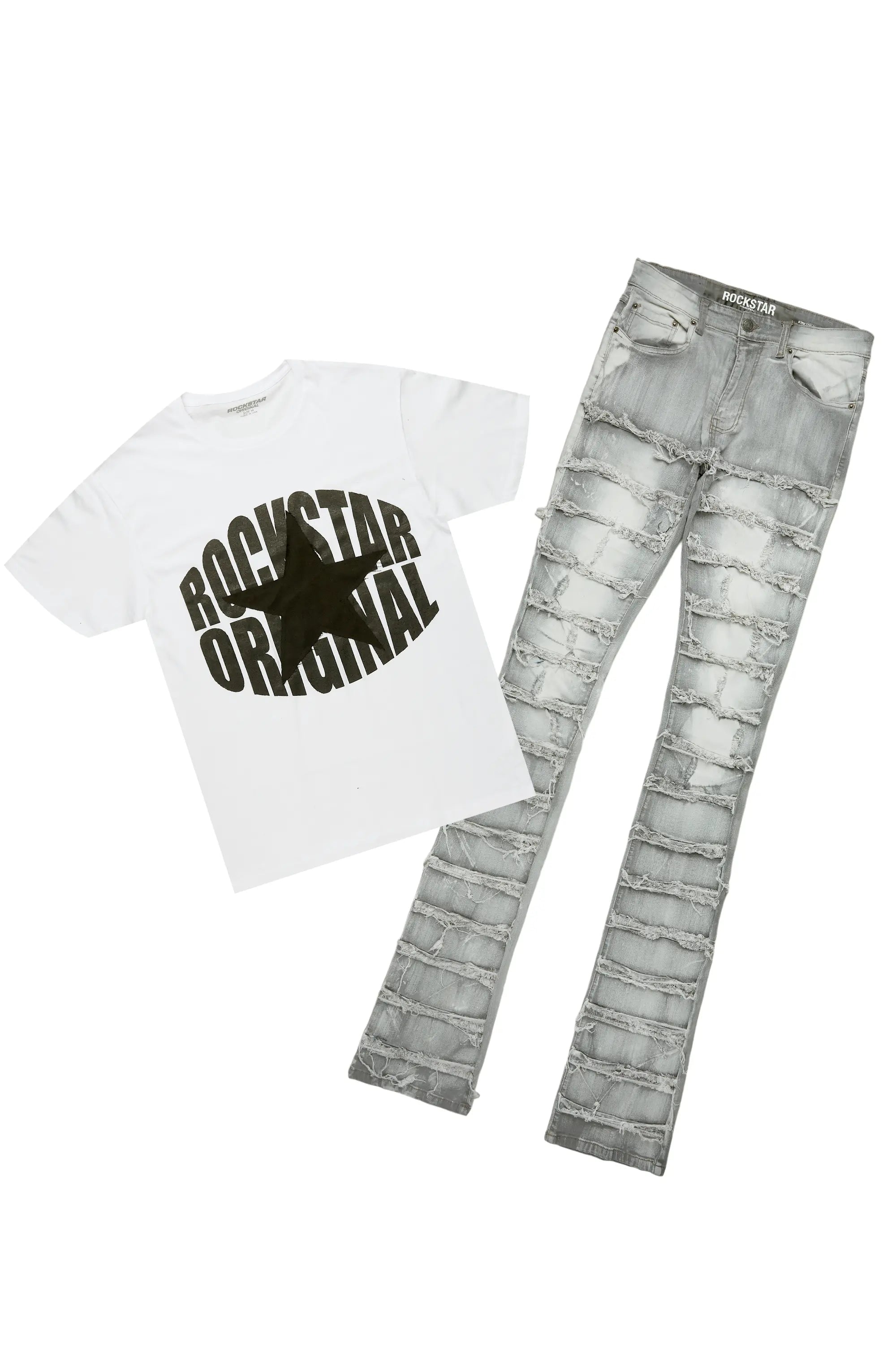 ROCKSTAR ORIGINAL Banji T-shirt Blanc/Gris + Jean flare superposé Ensemble tendance