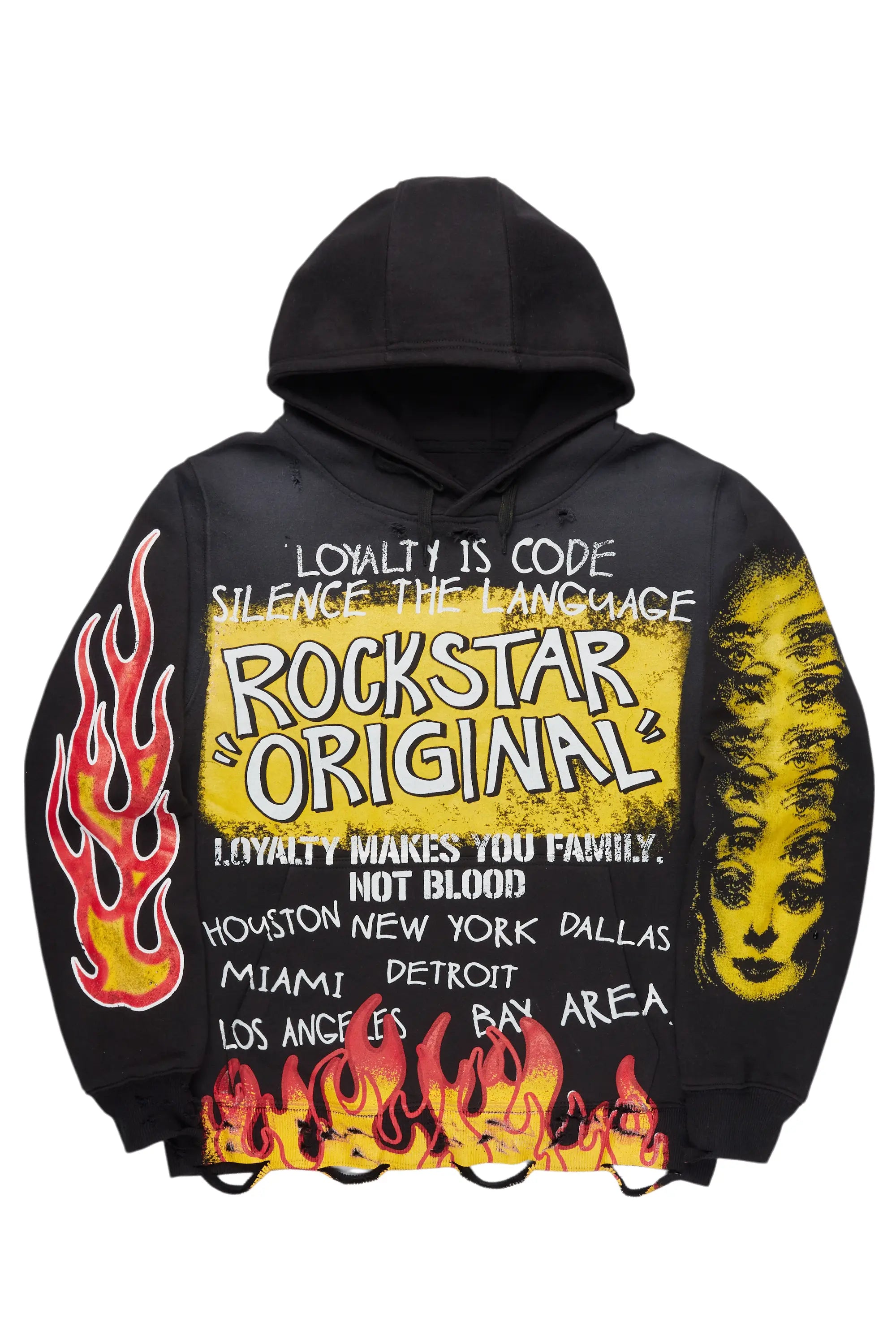 ROCKSTAR ORIGINAL Sweat à capuche Beno graphique délavé Noir/Jaune vintage