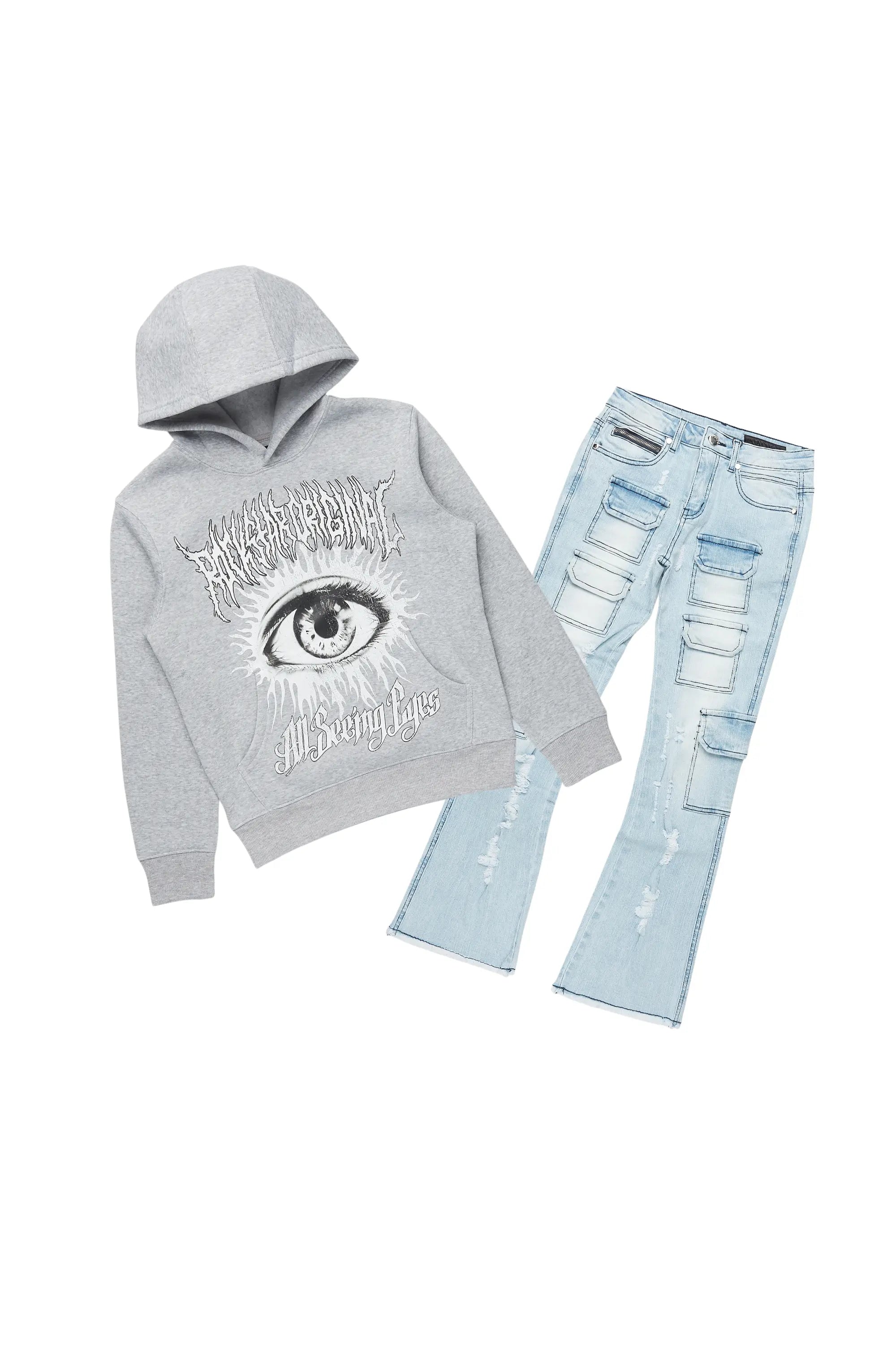 ROCKSTAR ORIGINAL Sweat à capuche "Yeux Omnivoyants" bleu/gris clair + Jean flare superposé pour garçon