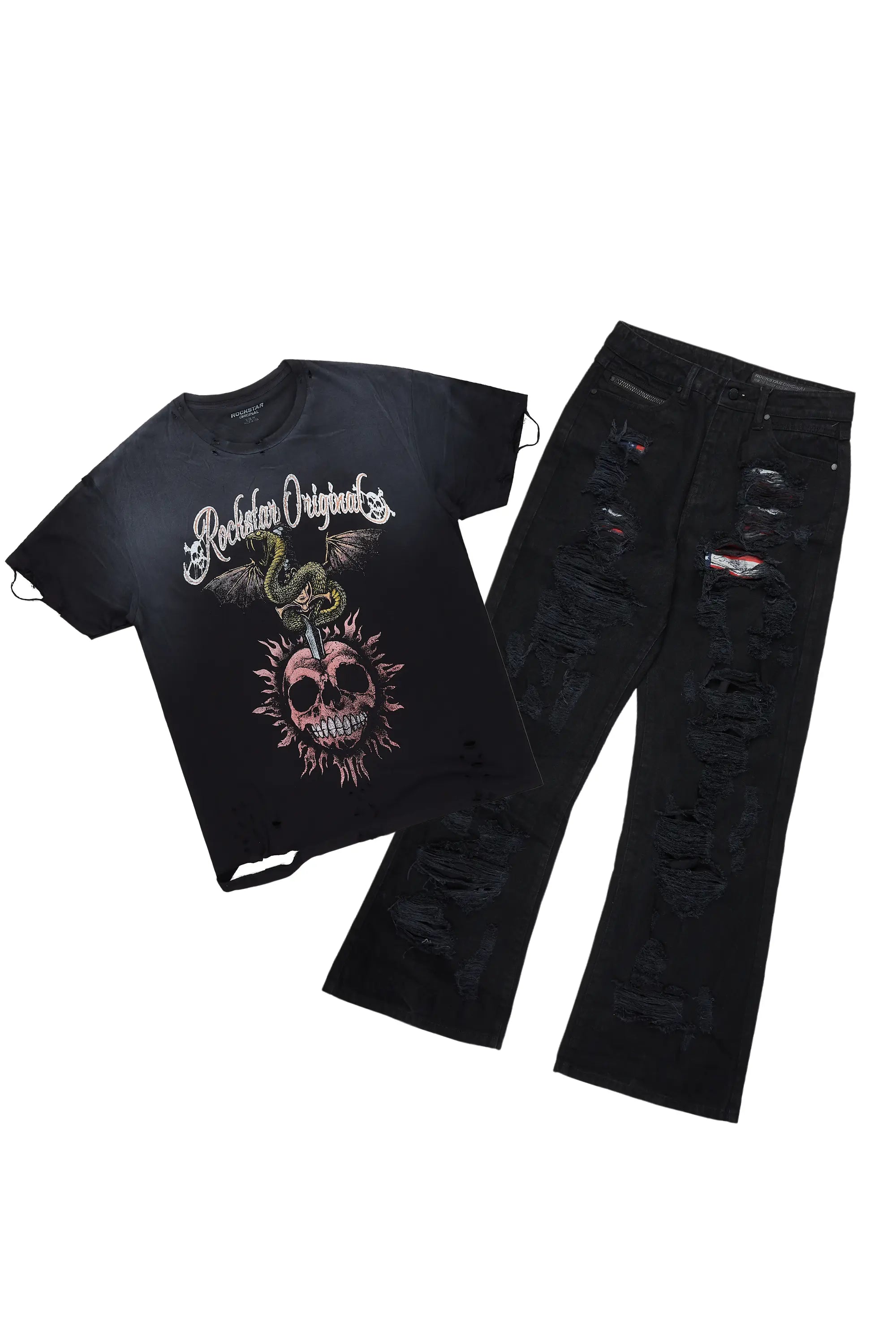 ROCKSTAR ORIGINAL Ensemble T-shirt Noir Banjo & Jean Large Mical Confortable et Style Décontracté