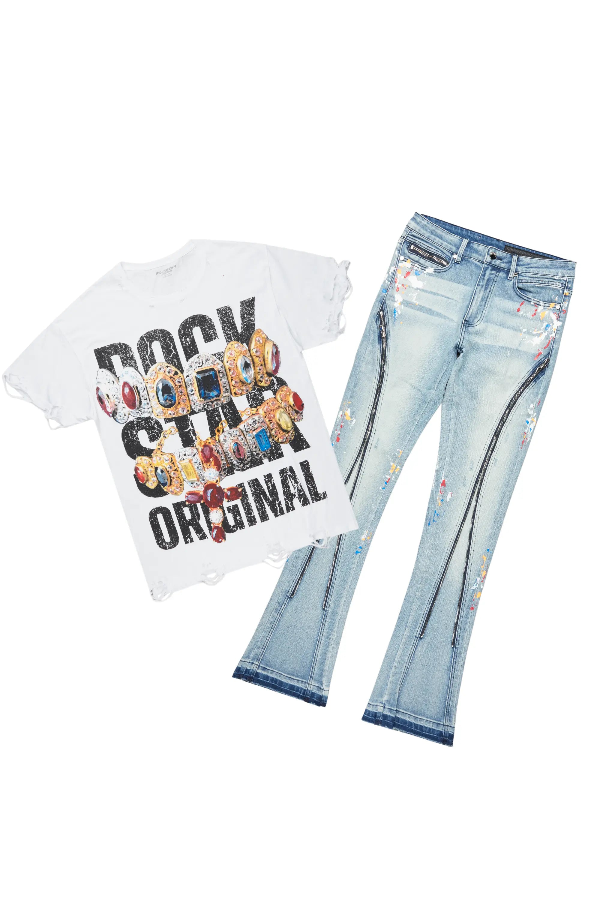 ROCKSTAR ORIGINAL T-shirt Blanc Barton & Jeans à Pattes Évasées Ensemble Complet
