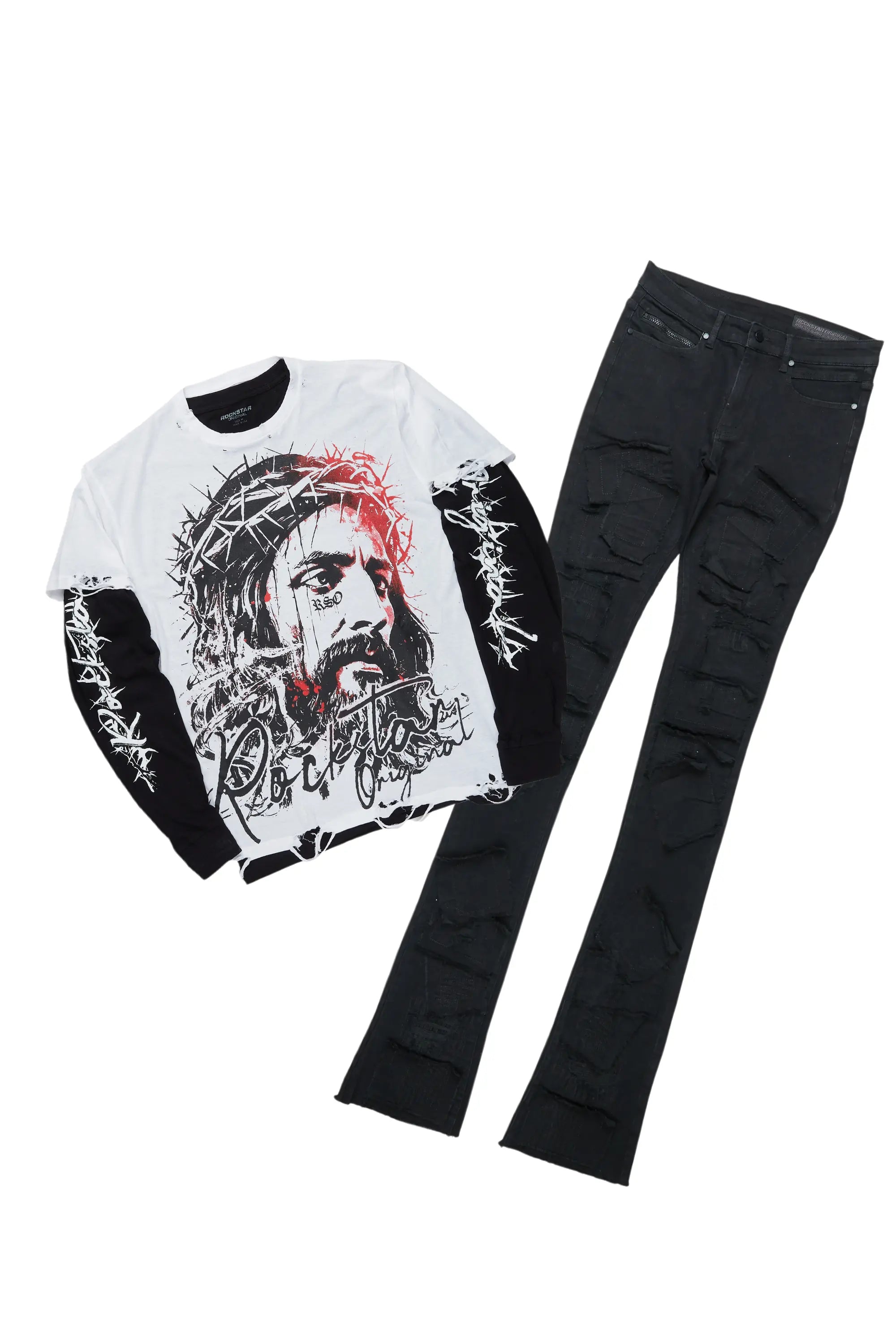 ROCKSTAR ORIGINAL Ensemble T-Shirt Bedros à Double Épaisseur Blanc/Noir & Jeans Camden Super Évasés
