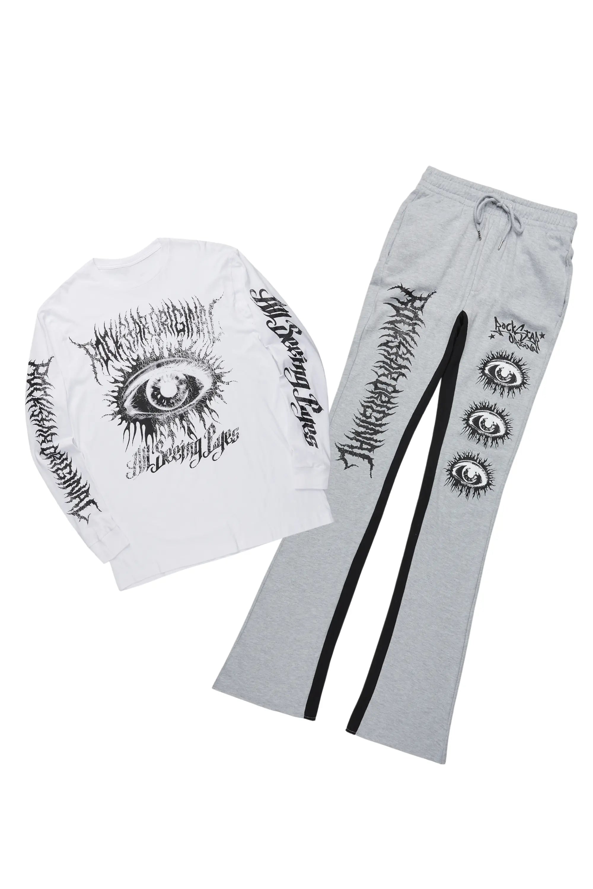 ROCKSTAR ORIGINAL Ensemble T-Shirt à Manches Longues et Pantalon Large Blanc/Gris Œil Omniscient