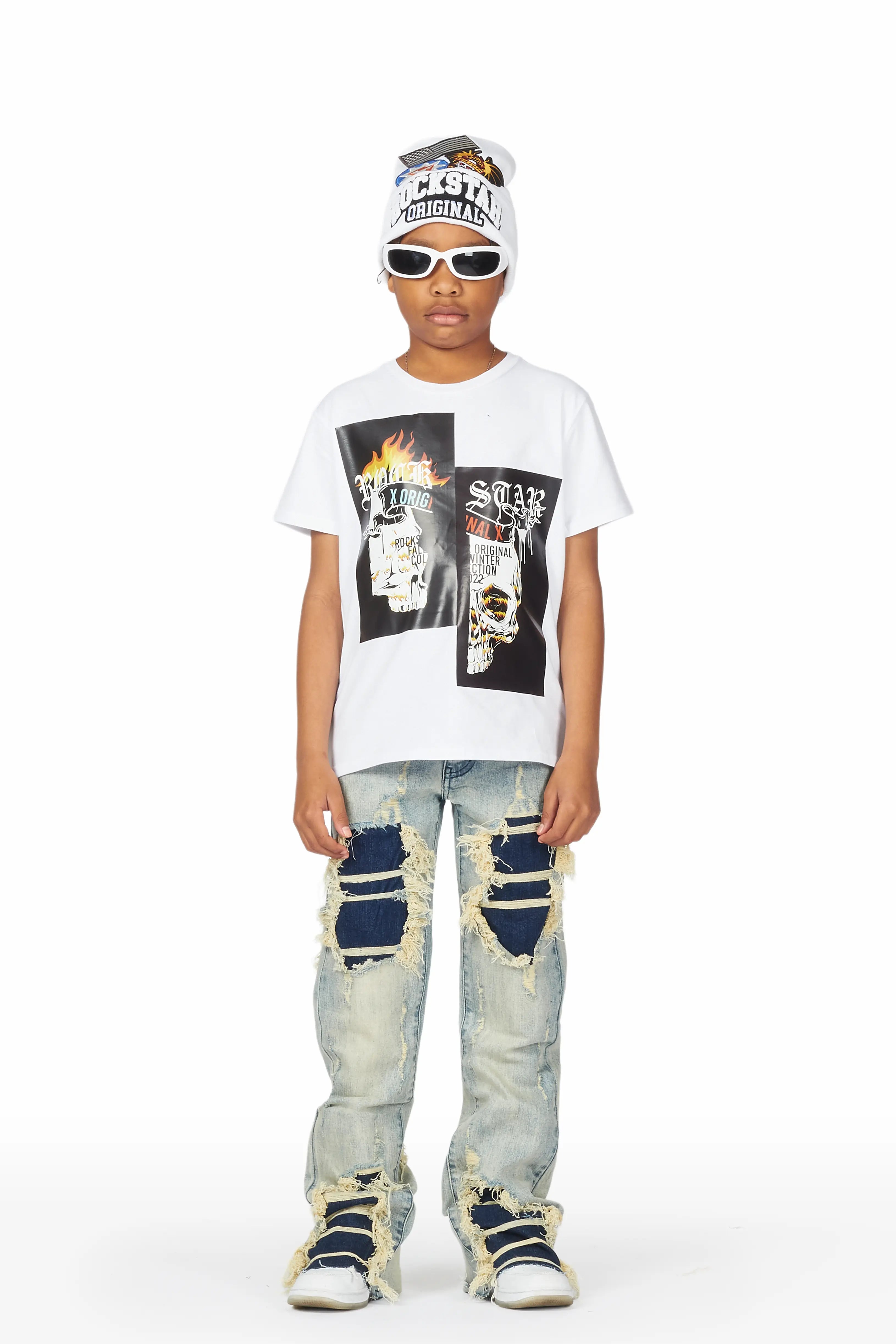ROCKSTAR ORIGINAL Ensemble T-shirt et Jeans pour Garçons : Baam Blanc/Bleu et Flare Superposés