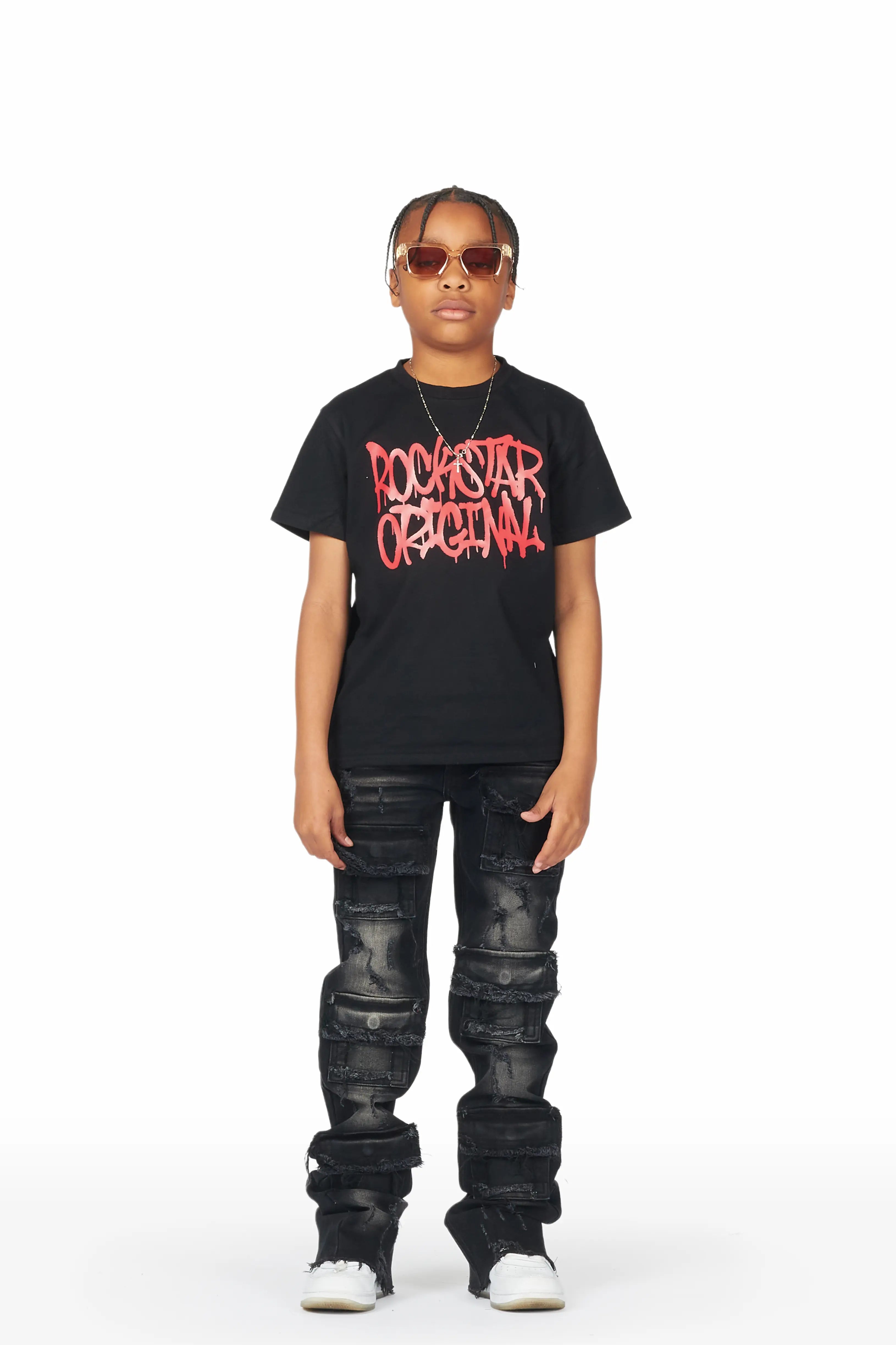 ROCKSTAR ORIGINAL Ensemble T-Shirt Noir Badar pour Garçons/Jeu de Jeans Super Évasés