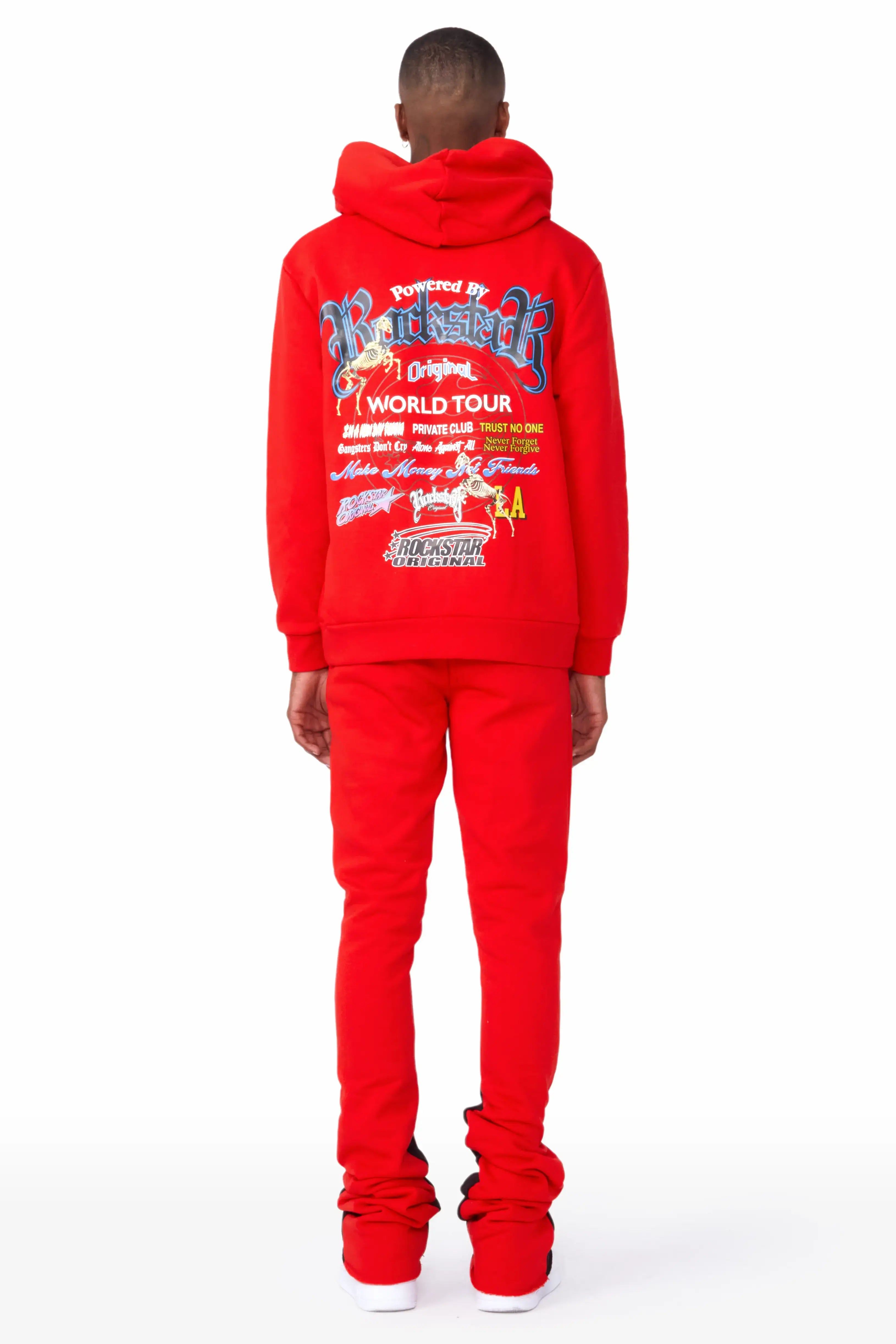 ROCKSTAR ORIGINAL Ensemble Sweat à Capuche Rouge Rebelle/Pantalon Flare Super Déstructuré