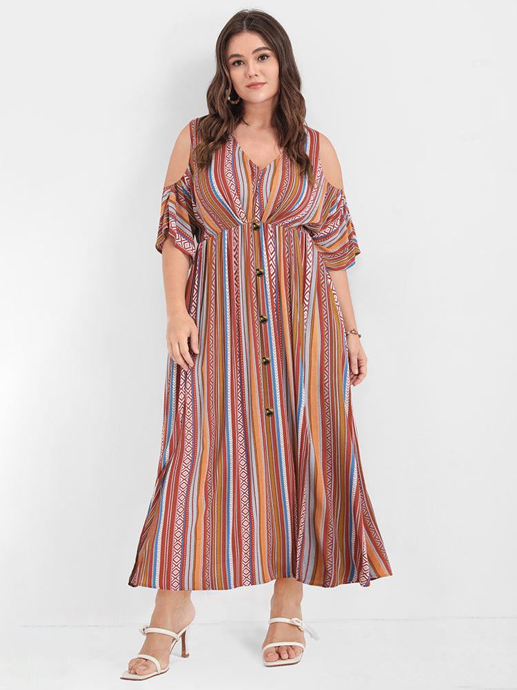 BLOOMCHIC Robe longue élégante avec volants bandana, poche à bouton et décolleté cold shoulder