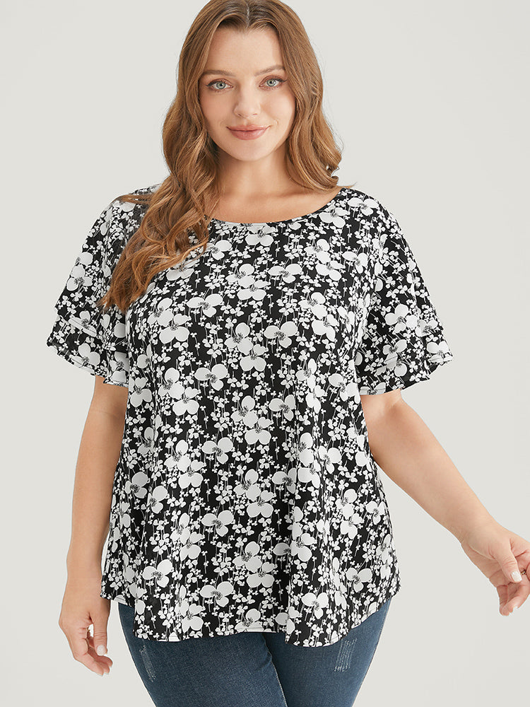 BLOOMCHIC Blouse romantique à col rond avec manches à volants superposés et imprimé floral délicat