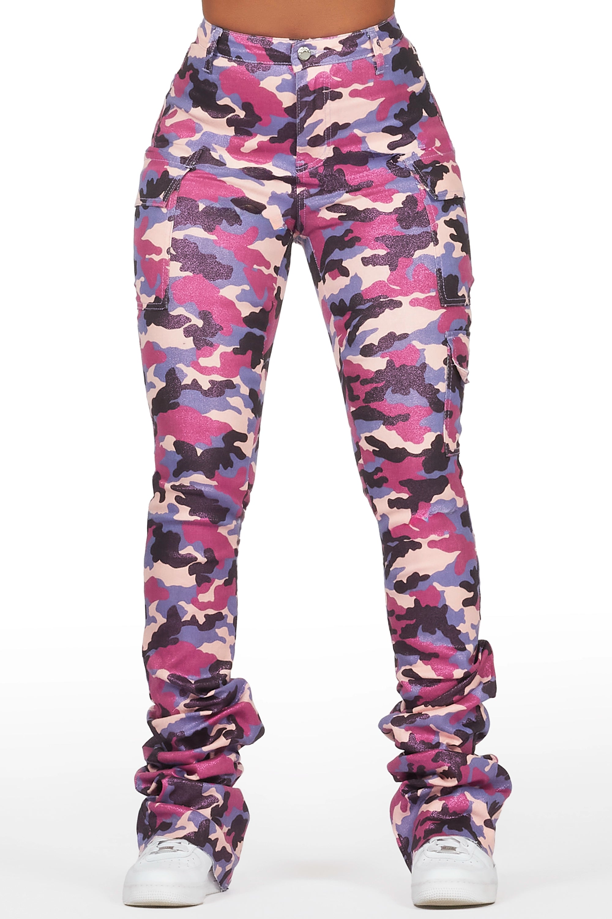 ROCKSTAR ORIGINAL Pantalon cargo camo violet Alaysha en similicuir à poches multiples volumineuses