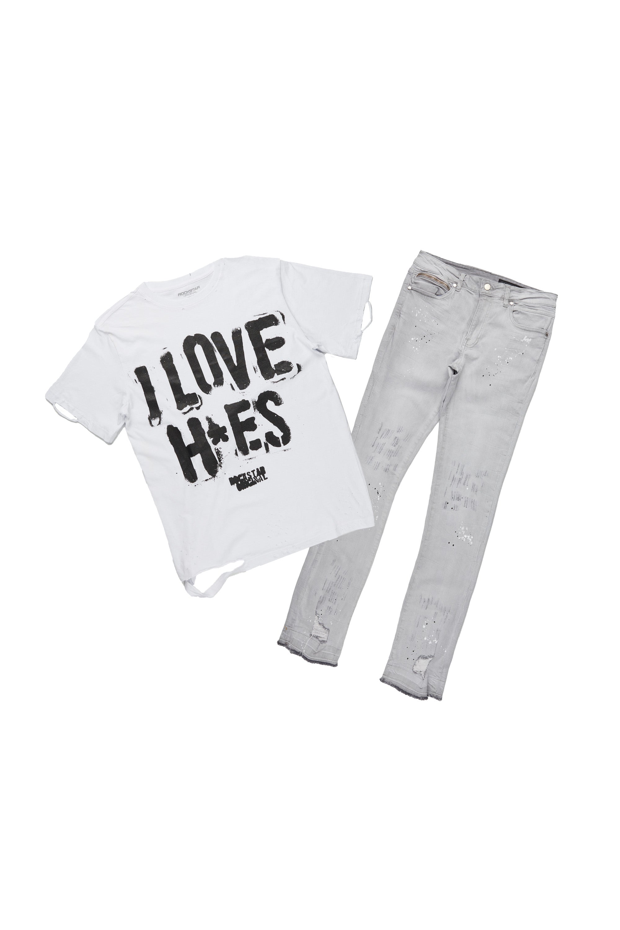 ROCKSTAR ORIGINAL Ensemble T-shirt blanc Banyan + Jean flare patiné