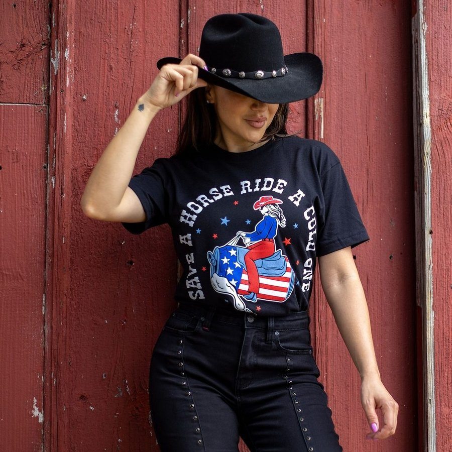 GRUNT STYLE LLC T-Shirt Femme Coupe Boyfriend Décontracté "Save A Horse" Noir