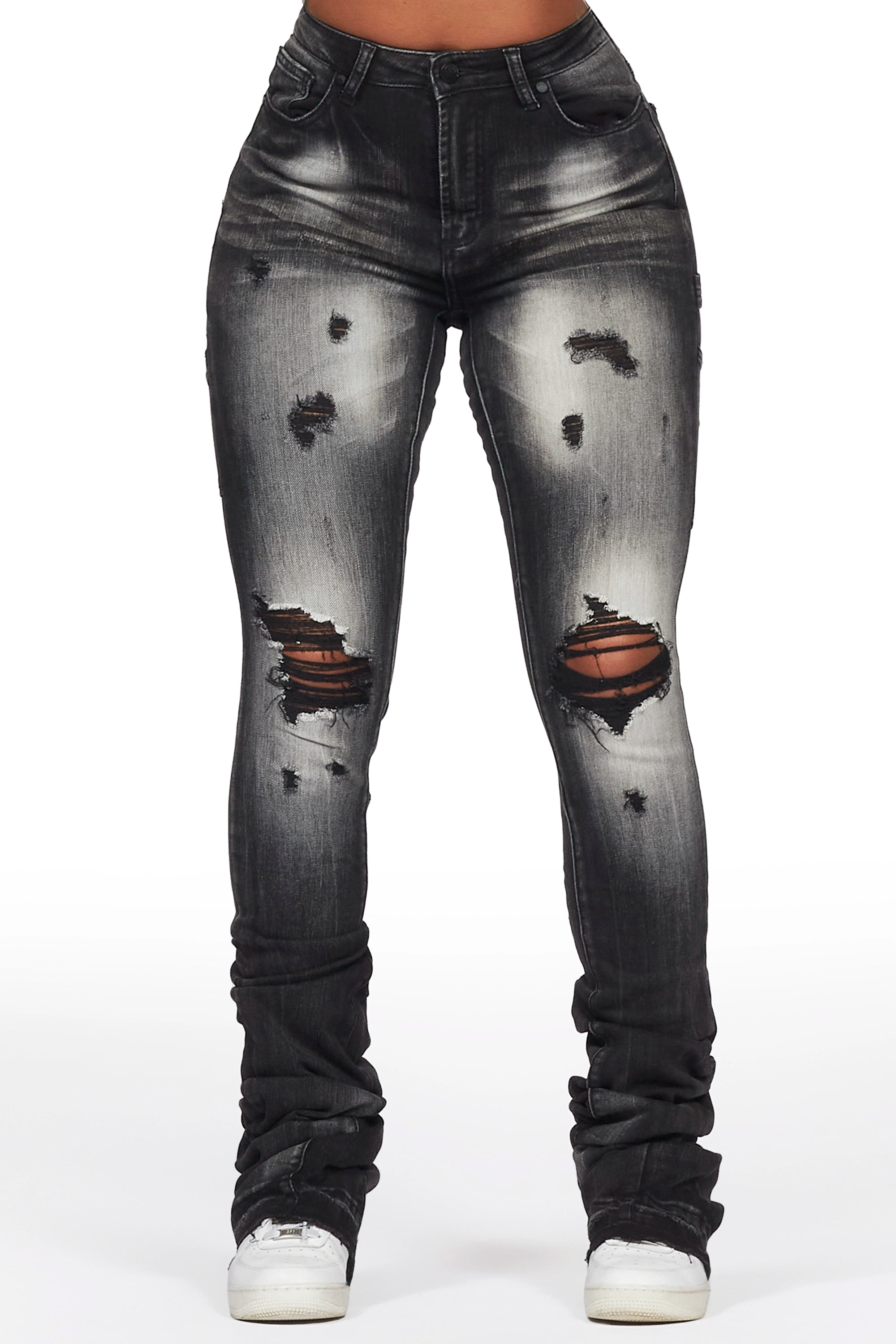 ROCKSTAR ORIGINAL Jean Ashlee délavé gris coupe super évasé